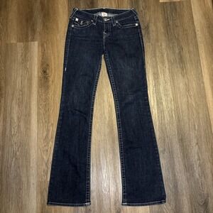 TRUE RELIGION Hi Rise Boot Jeans Women's 28 Rhinestone Flap Pocket Dark Wash